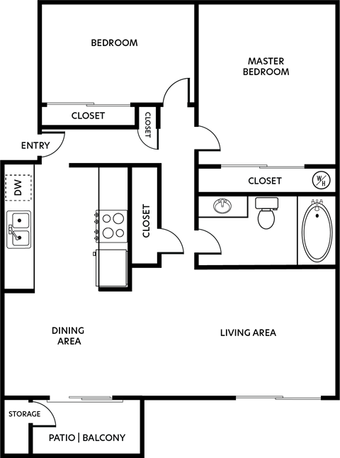 Floor plan for 2 beds, 1 bath, 864 sqft